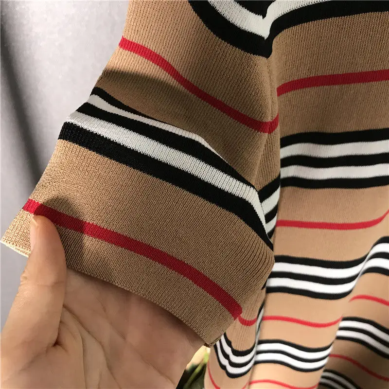 

New British style striped polo shirt Elastic ice silk short sleeve women's loose large size bottoming shirt lapel women's summer