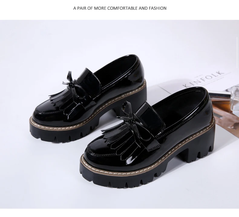 O16U Women Autumn Shoes Patent Leather Slip on Tassel Loafers Platform Flat Casual Shoes Women Flats Spring Shoes for Ladies