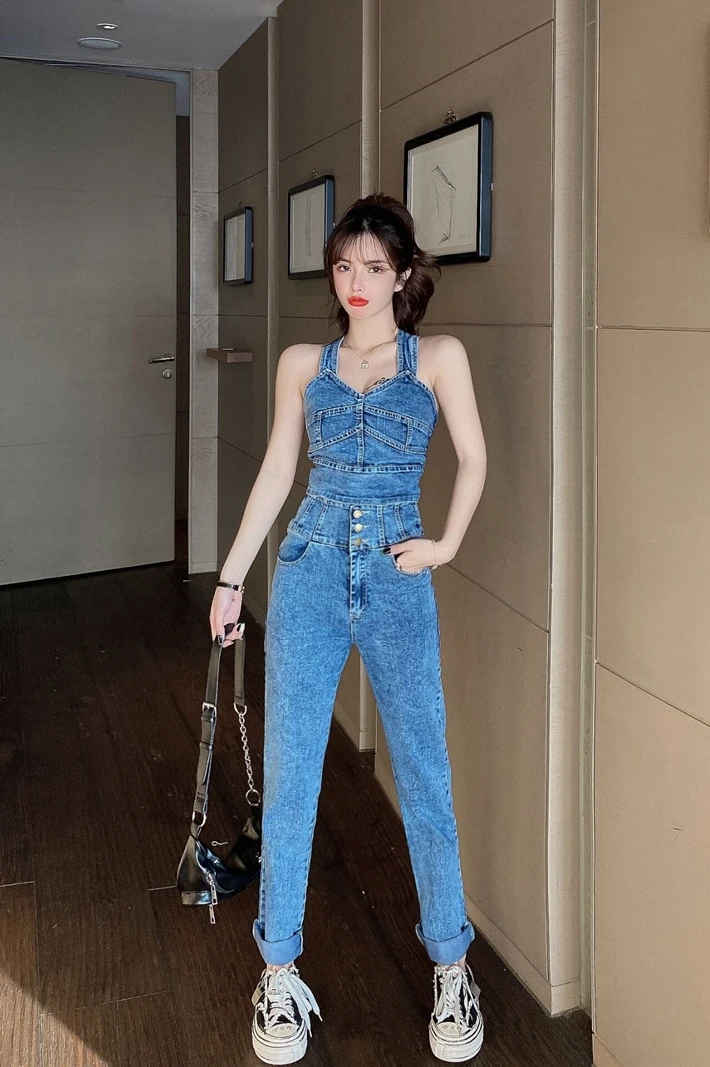 

2021 Spring New Sexy Women's Sets Sling Crossover Backless Denim Top + Denim Pencil Pants 2 Piece Sets Outfits