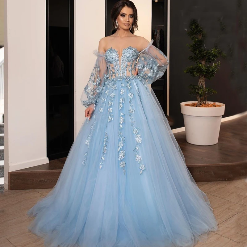 

Long Puffy Sleeves Appliques Prom Dresses Off Shoulde Ball Gown Embroidery Formal Evening Party Dress Robe De Soiree