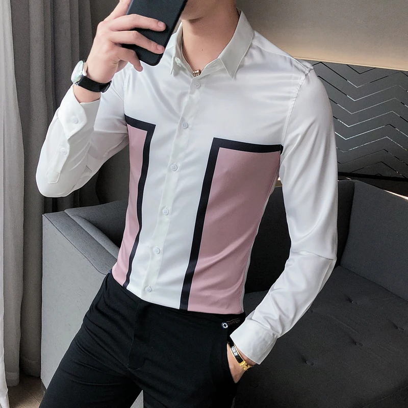 

British Style Shirts Men Long Sleeve Fashion Splicing Design Slim Fit Casual Shirt