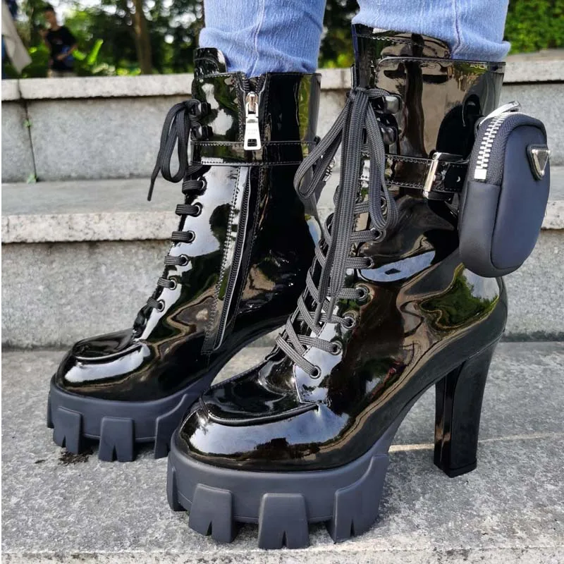 

New Fashion Genuine Leather High Heel Women Pocket Boots Platform Belt Buckle Decor Goth Motorcycle Boots Autumn Winter Shoes