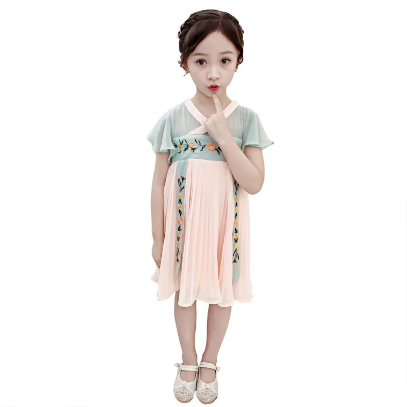 

National style Dresses Kids Girls short sleeve embroidery Patchwork Mesh Princess Dress Children Clothing Girl's Cute Dress