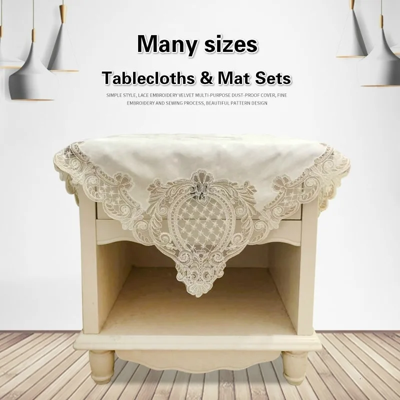

European Velvet Fabric Lace Embroidery Trim Luxury Tablecloth Afternoon Coffee Snack Placemat Coaster Napkin Cover Tapete Set