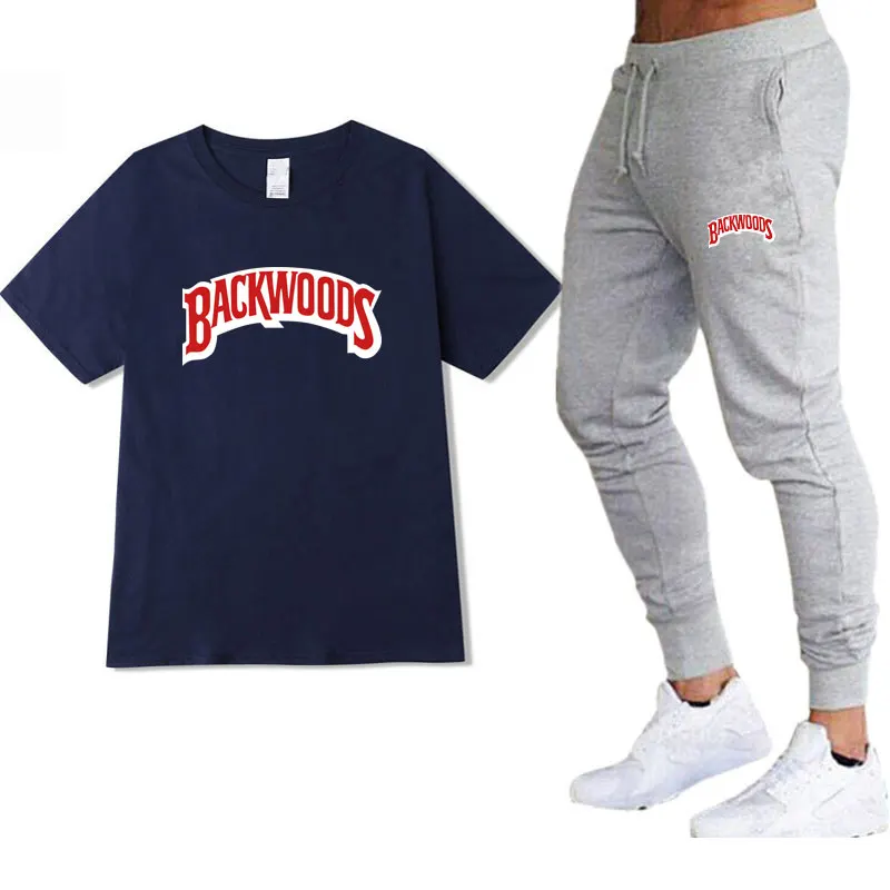 

2 Piece Set Men Backwoods Cotton T-shirts Streetwear Plus Size Tracksuit Men Hip Hop Shirt Sweatpants Suit O-neck Short T-shirt