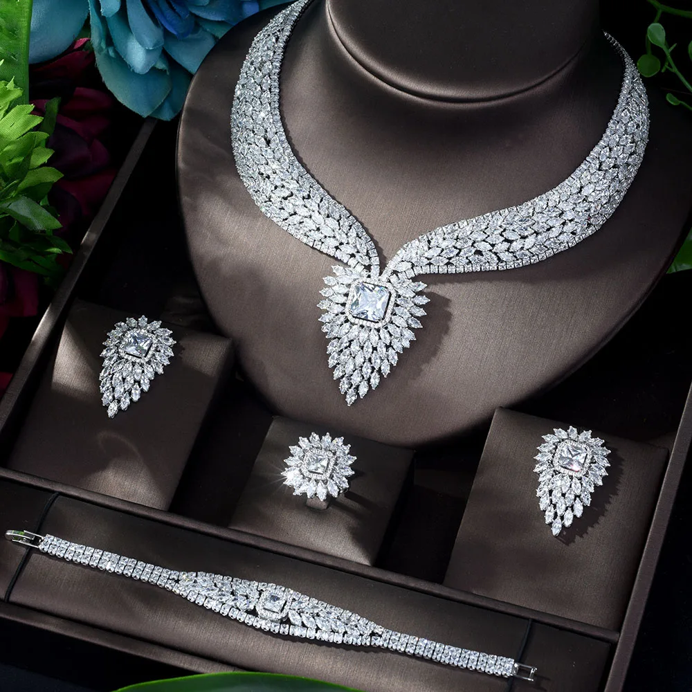 HIBRIDE New White Color Fashion Top Quality Wedding Jewelry Sets AAA CZ Geometric Bridal Earrings Necklace Sets N-1141