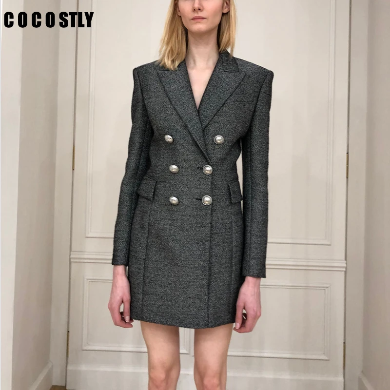 Женский Длинный блейзер на пуговицах приталенный серый однотонный офисный с