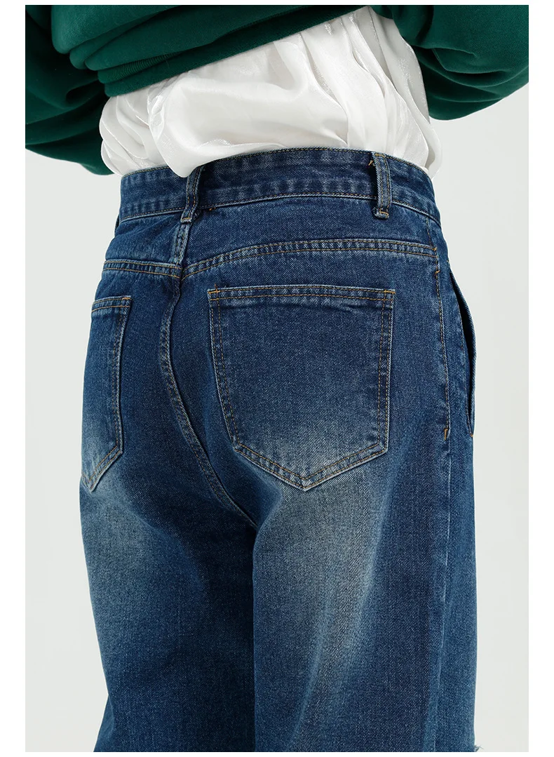 

Men Knee Patch Splice Hem Split Casual Vintage Straight Denim Pants Male Japan Korea Streetwear Hip Hop Jeans Trousers