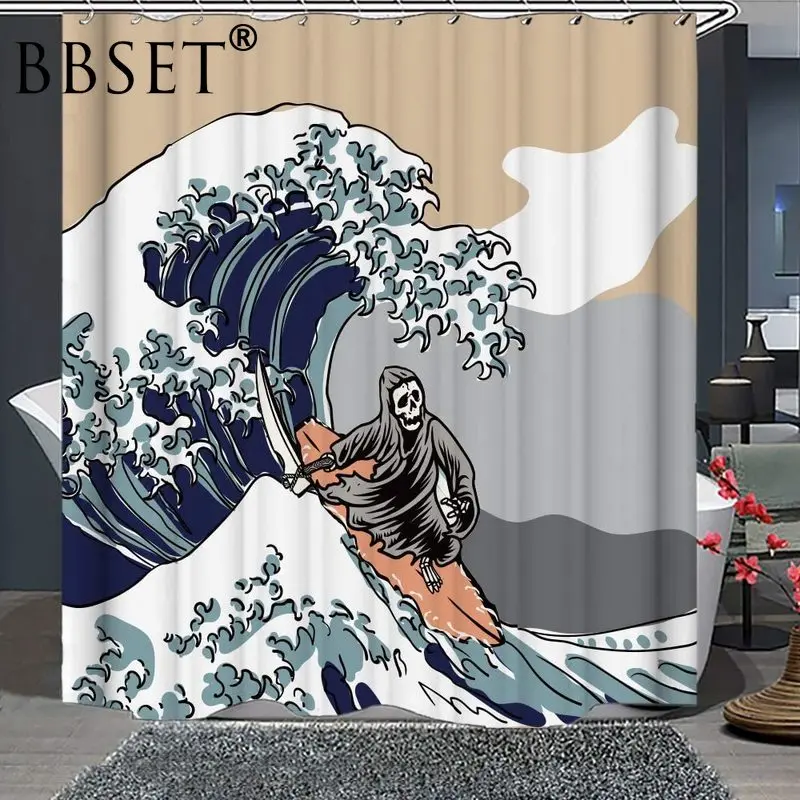 

Japanese Big Waves Shower Curtain Grim Reaper with Sickle Is Surfing Pattern Waterproof Multi-size Douchegordijn Bathroom Decor