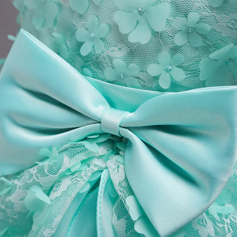 

Flower Girls Dresses Illusion Bow Embroidery Tulle Lace Sleeveless Luxury Pink O-Neck Floor-Length Kids Party Princess Gown F203