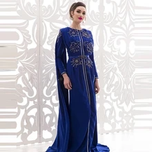 Azul real marroquino kaftan caftan muçulmano vestidos de noite a linha mangas compridas miçangas dubai árabe turquia abaya vestido islâmico (1)