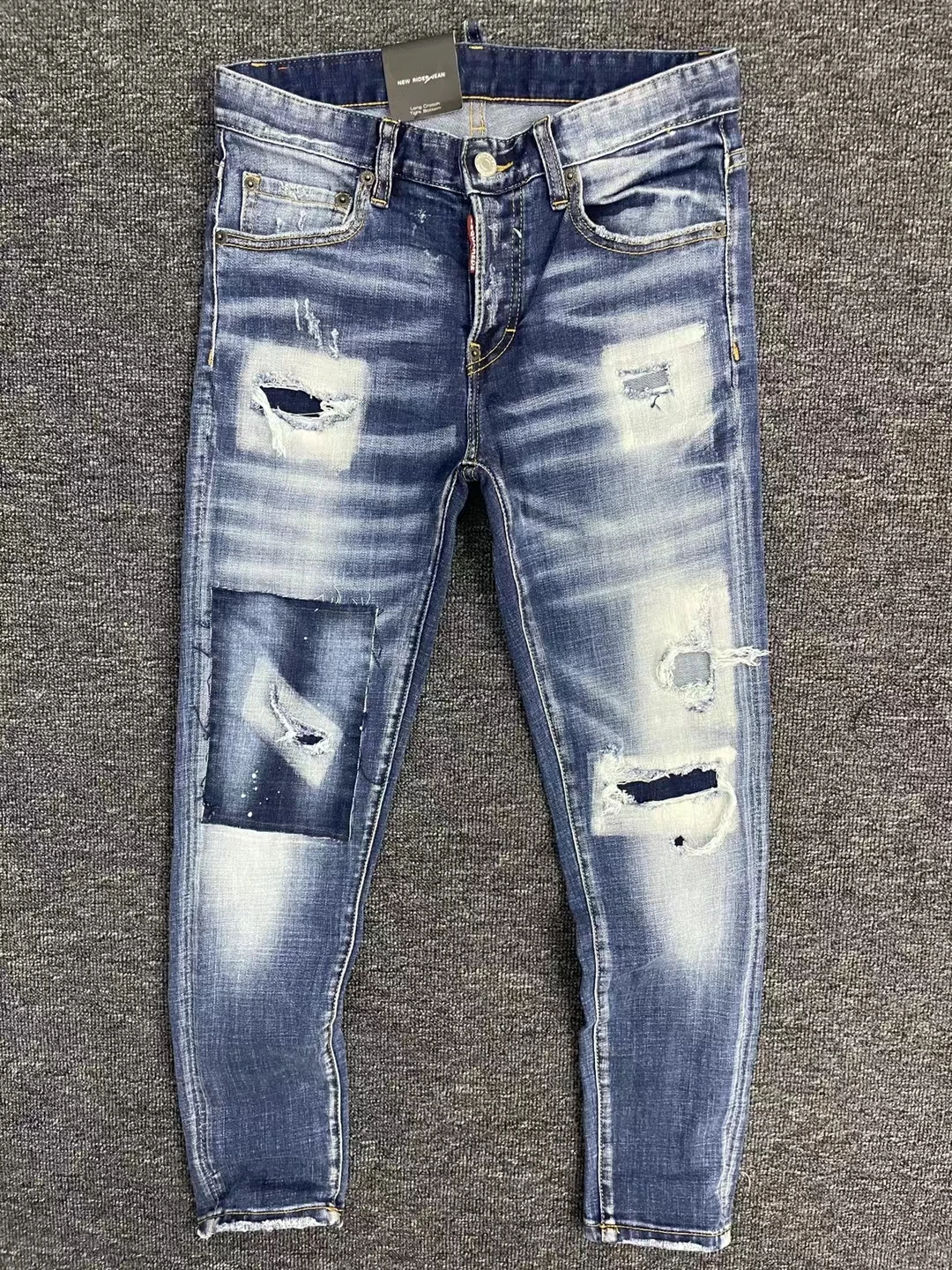 

Italian Fashion Brand Dsquared2 Men's And Women's Washed, Worn, Ripped, Paint Dot, Motorcycle Jeans 506#