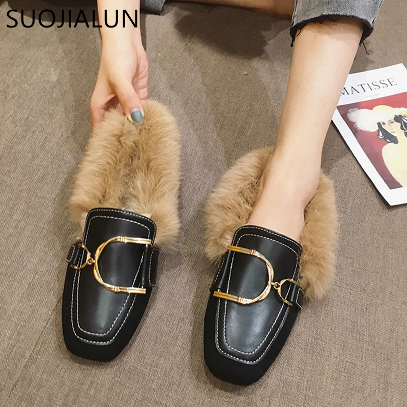 

Модные зимние меховые туфли на плоской подошве с круглым носком SUOJIALUN 2022, повседневные Лоферы без застежки, плюшевые теплые туфли с пряжкой ...