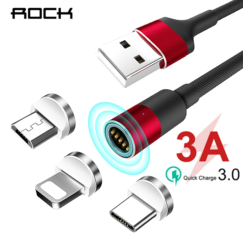 Магнитный кабель ROCK QC 3 0 3A type C Micro Usb для iPhone Xiaomi huawei быстрая зарядка светодиодный
