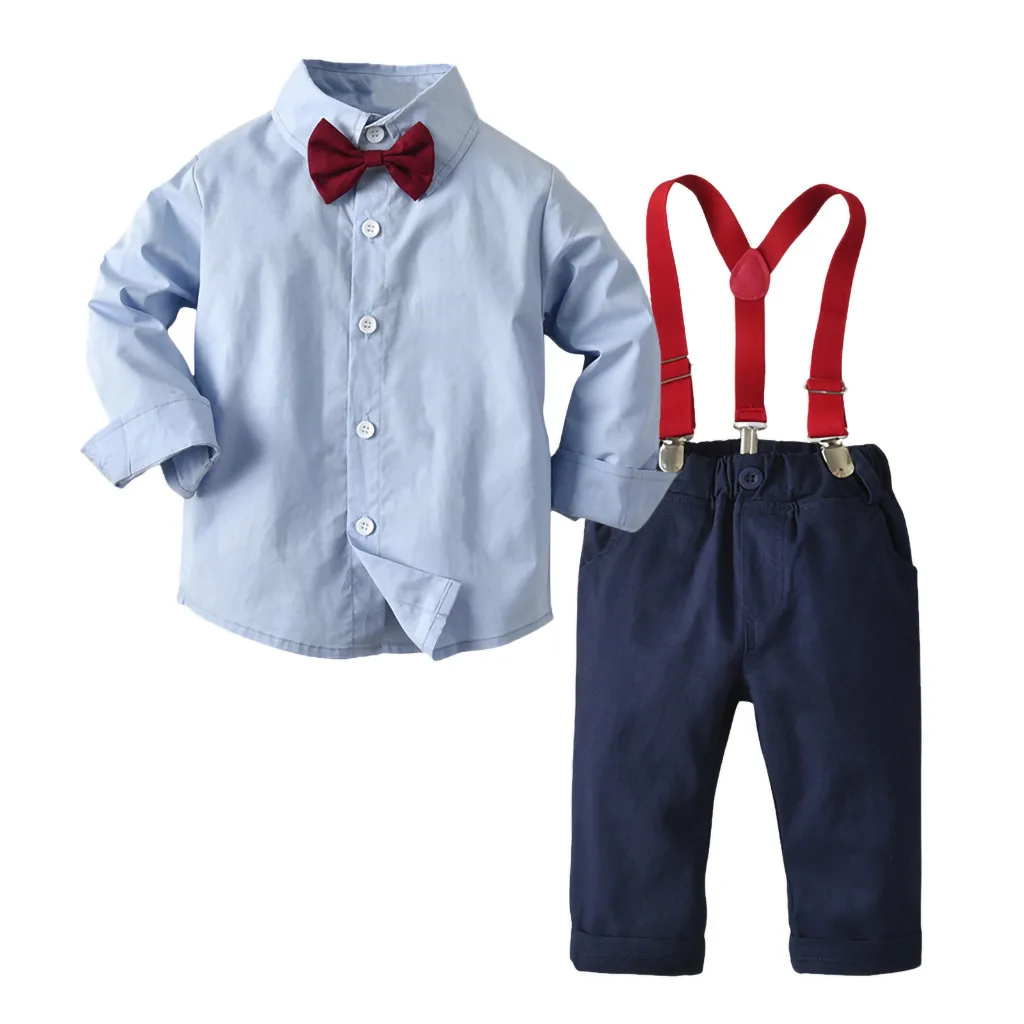 Boys Outfits Gentleman Bow Tie Striped T-Shirt Tops+Suspender Pants Y81 | Детская одежда и обувь