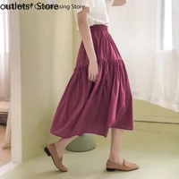 summer new womens skirt a line skirt female korean elastic high waist mid length solid color skirt streetwear