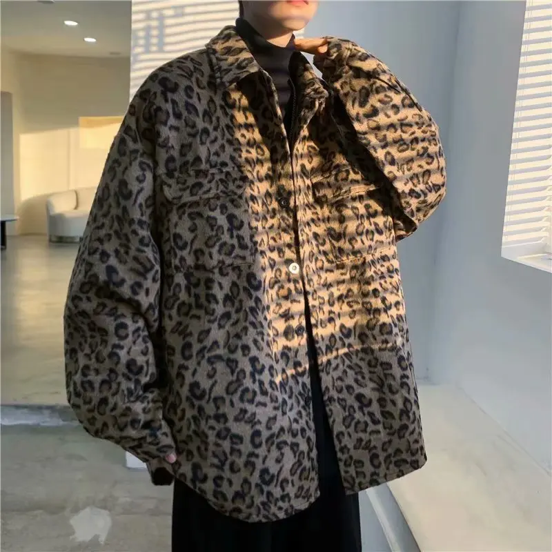 

Leopard print woolen coat men's loose trendy handsome niche design trendy brand fried street woolen coat