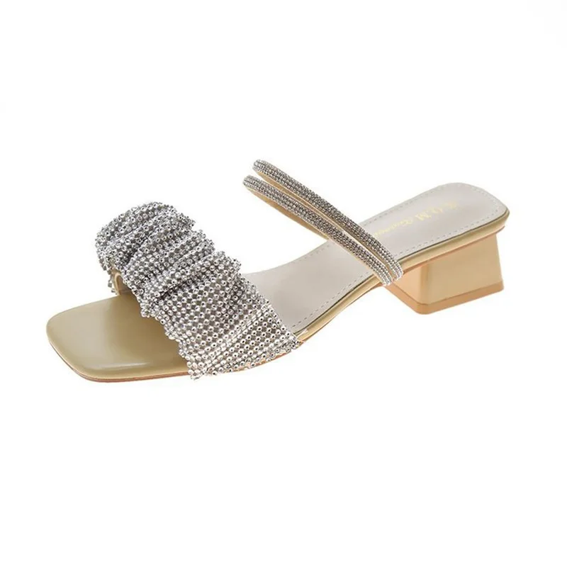 

Women's 2021 summer new fashion trend Diamond Fairy style square head thick heel sandals slippers