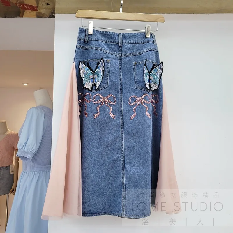 

Denim Skirt Two-Piece Set 2021 Summer New Ladies Tops Embroidery White T-shirt Fashion Mid-length Patchwork Skirt Casual Suit
