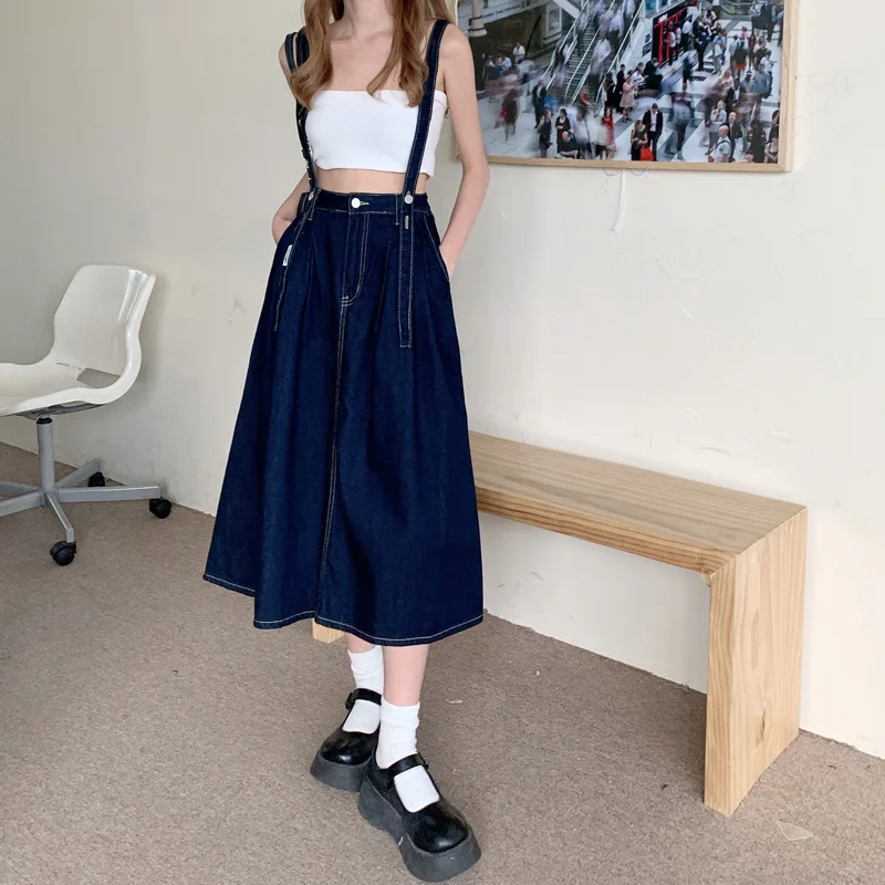 

Женская джинсовая юбка средней длины, Повседневная трапециевидная юбка средней длины с широкой юбкой-зонтиком и лямками, SXHBSQ642, для лета, 2022