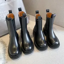 Bottines Chelsea noires en cuir PU et peluche pour femme, grosses bottes d'hiver à plateforme, mode automne  (4)