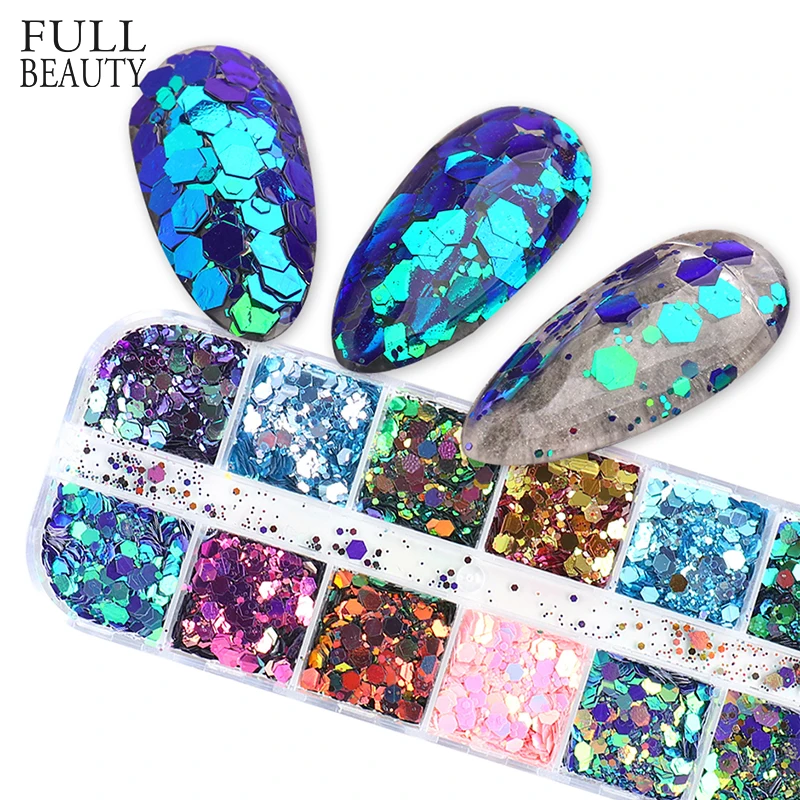 12 сеток Синий лак для ногтей блестки Хамелеон Блестящий шестигранный дизайн