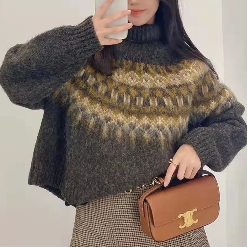 

Women Vintage Sweater Loose Stripes Wool Mohair Long Sleeve Jumper 2021 Fall Winter New Female Turtleneck Knitted Pull