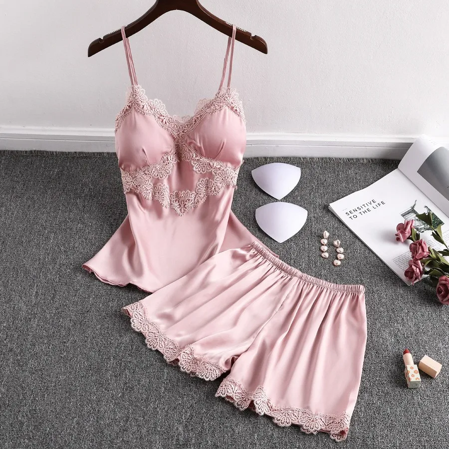 

Satin 2PCS Pajamas Suit Lace Lady Nightwear Strap Top&Shorts Summer New Intimate Lingerie Sexy Sleepwear Kimono Robe Gown