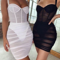 sexy night club see through mesh ruched bodycon dress women straps low cut mini sundress party solid color sheath dresses white
