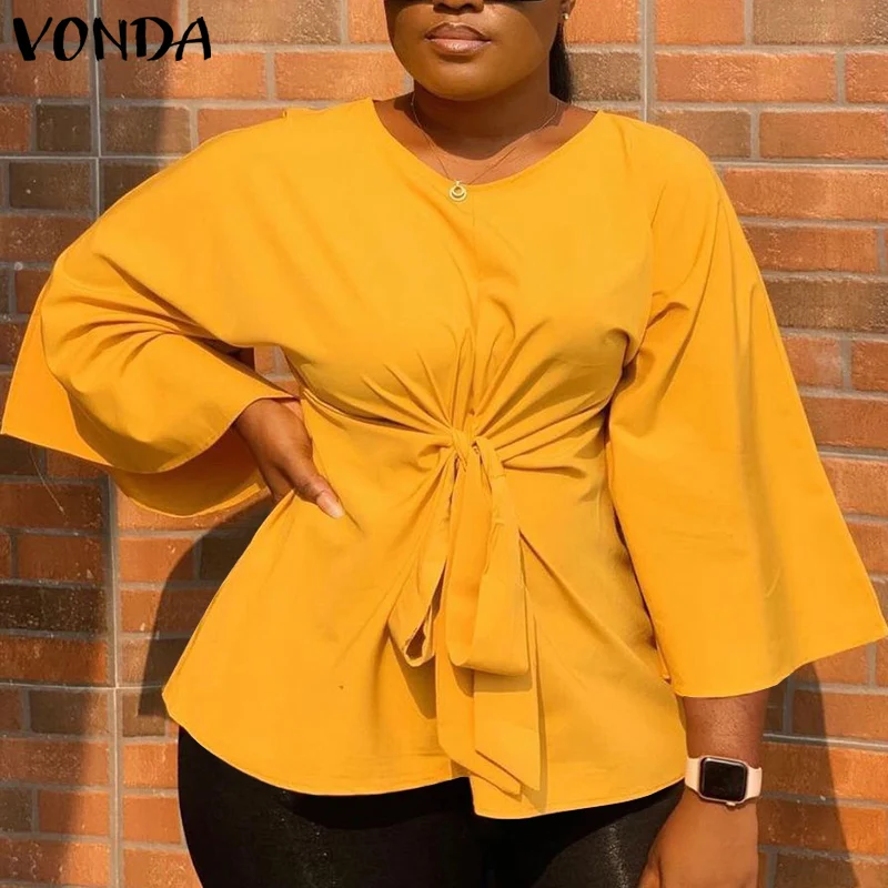 

Women Tunic Casual Baggy 3/4 Sleeve Tops 2021 VONDA Office Ladies Belted Blouse Female Shirts Casual Blusas Femininas Oversized