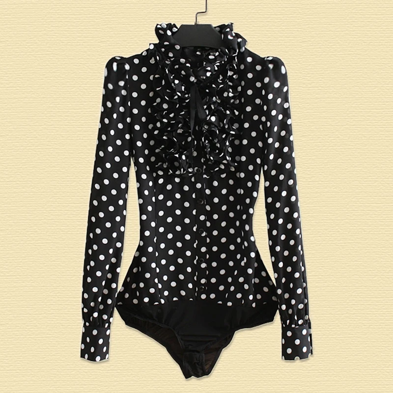 Женская шифоновая блузка в горошек черная офисная рубашка с длинным рукавом и