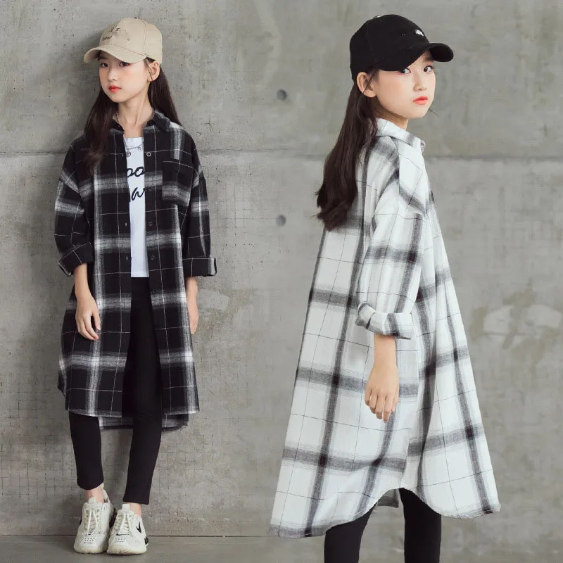 

Girls Long Plaid Shirts Dresses 2020 Autumn Clothes Teenagers School Blouses For Girls Dress Children Blouse Kids Clothing 5-17Y