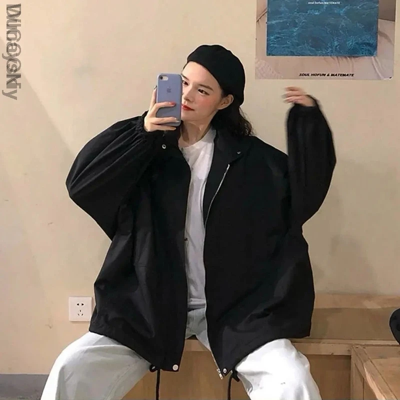 

Harajuku Korean Version Loose Thin Long-Sleeved Y2K Windbreaker Sun Protection Coat Solid Color Retro Shirt Student Girl Top