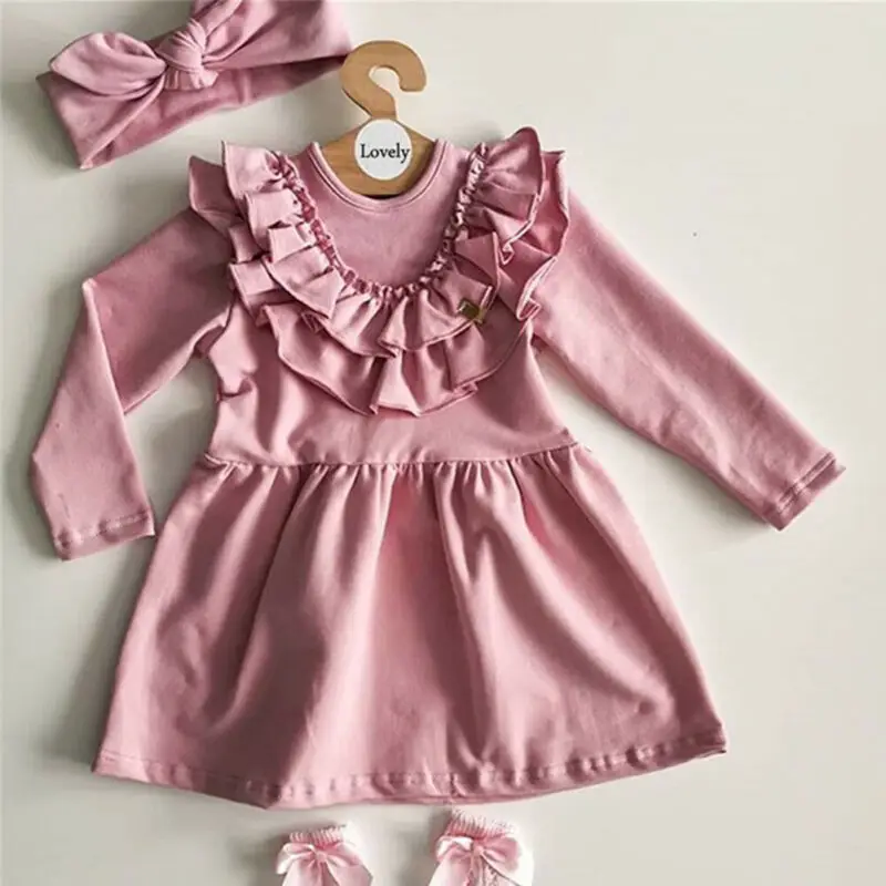 1-6Y Toddler Ruffle Dress Kids Baby Girls Party Casua Long Sleeve Headband Clothes Outfits Sundress | Детская одежда и обувь