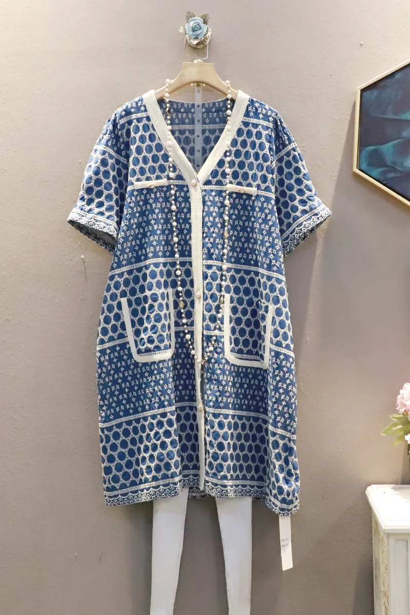 

SuperAen Plus Size 2021 Summer New Denim Retro Slim Short-sleeved V-Neck Print Straight Casual Woman Dress