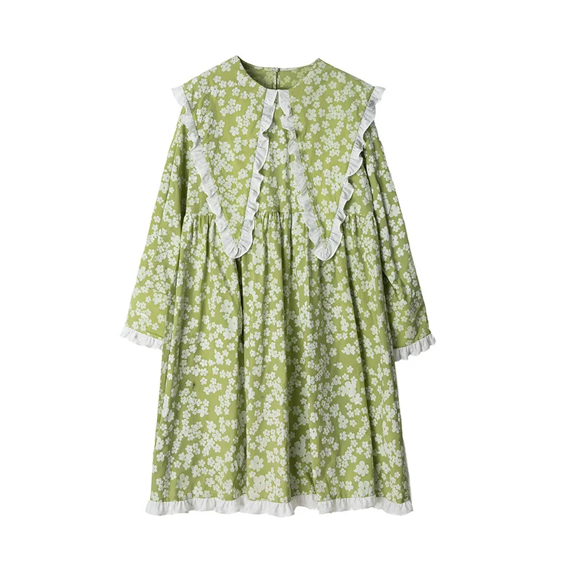 

LANMREM Women Lace Embossed Flowers Dress New Tutn-down Collar Long Sleeve Loose Fit Fashion Tide Spring Autumn 2021 2F0193