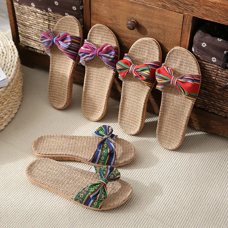 

Cute Bow Women Slippers Linen Slippers Summer Indoor Shoes Floor Non-Slip Ethnic Style Home Slippers