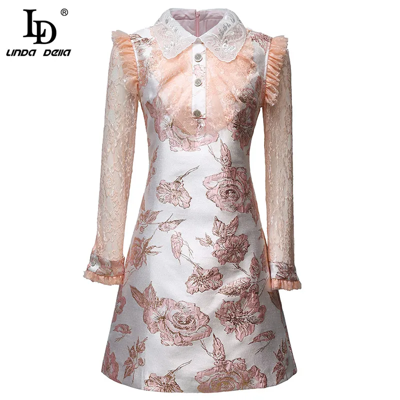 

LD LINDA DELLA New 2021 Fashion Designer Summer Vintage Mini Dress Women Lace Long sleeve Patchwork Bead Elegant Jacquard Dress