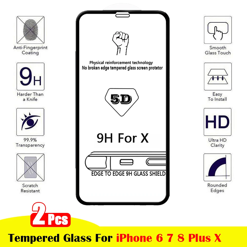 

2 шт. 5D изогнутый край Полное покрытие защитное стекло для iPhone 7 8 6 Plus 9H закаленное стекло для iPhone X Пылезащитная защита экрана