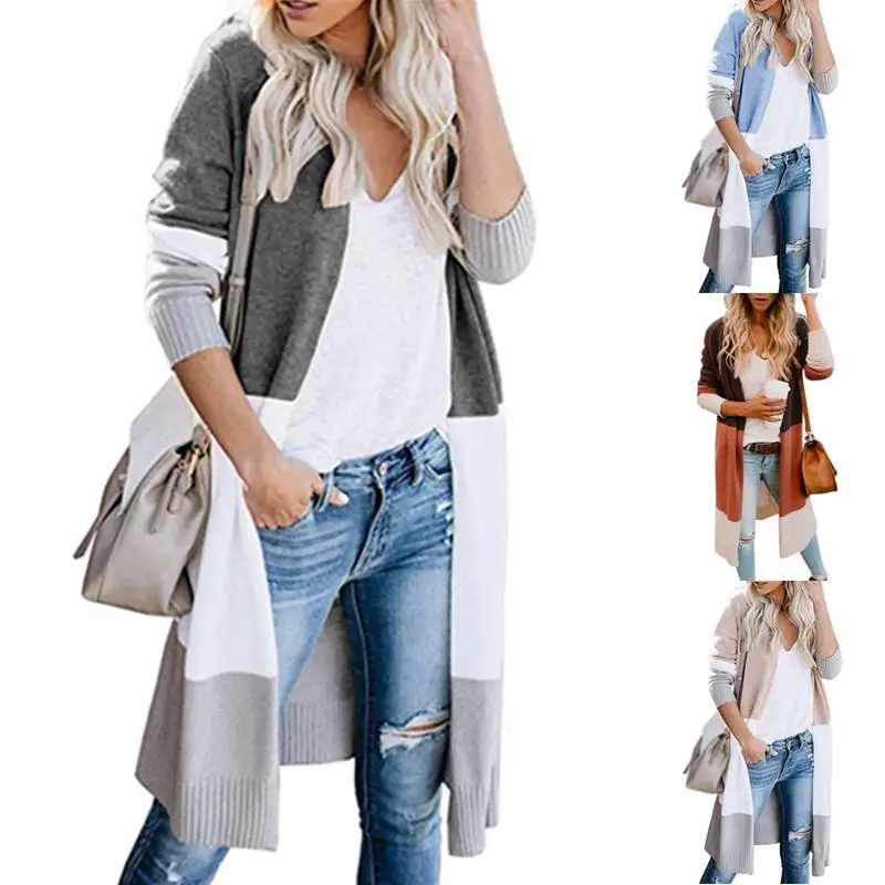 

Color Patchwork Long Cardigan for Women Sweater Open Front Women Casual Autumn Winter Long Sleeve Knitted Cardigan Coat