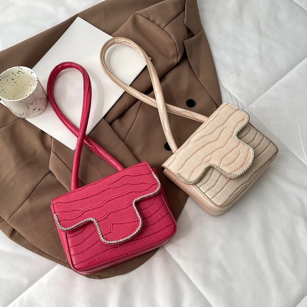 

Women's Bag Stone Pattern Rhinestone PU Leather Shoulder Underarm Bags Casual Ladies Solid Color Flap Top-handle Handbags