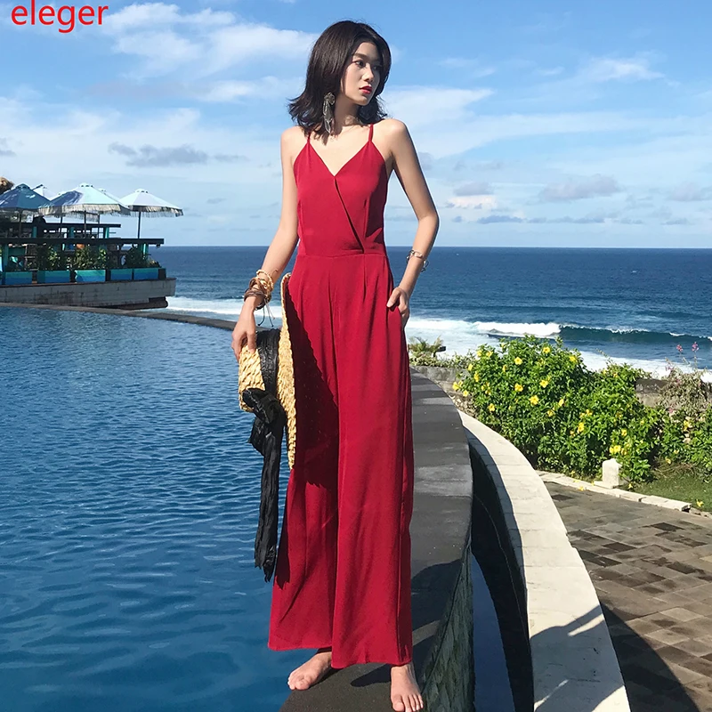 Летний Бургундский женский комбинезон элегантный тропический с широкими