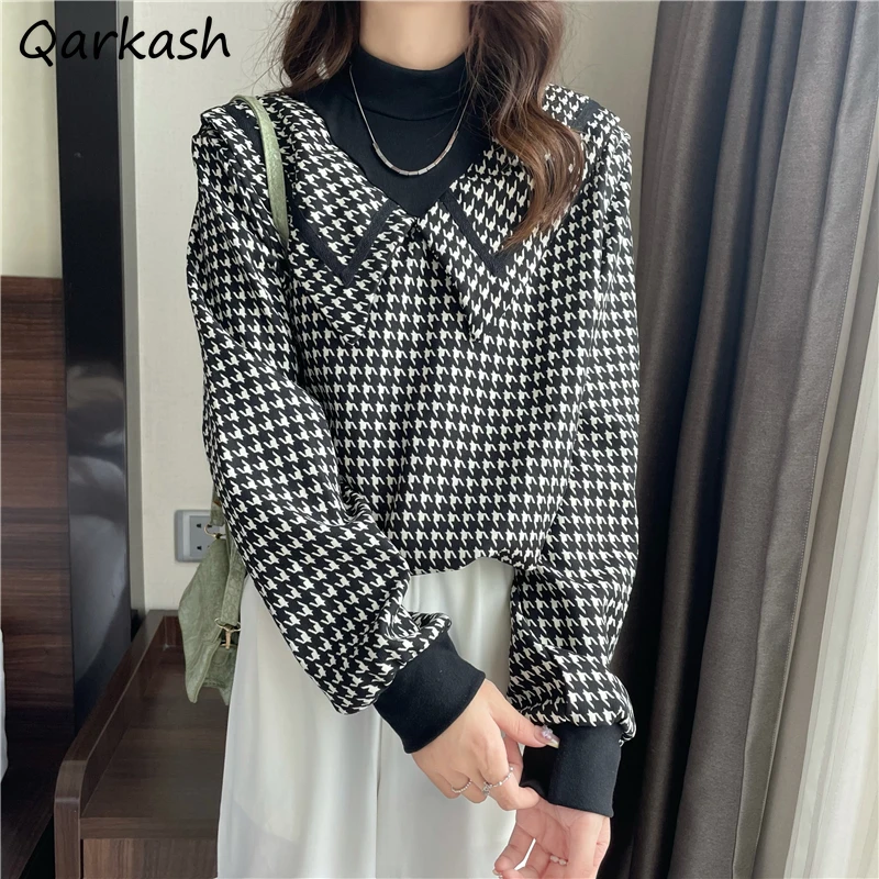 

Blouses Women Korean Fashion Patchwork Stitched 2021 Autumn Newly Loose College Fake Two Pieces Long Sleeve Chic Tops All-match