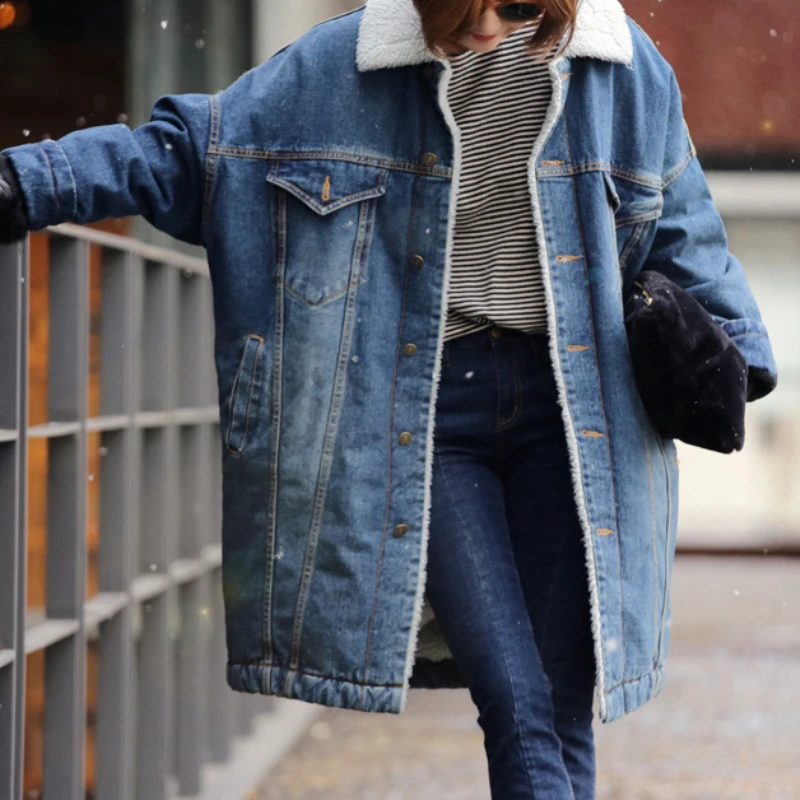 

Winter Casual Jackets Bomber Jacket Female Plus Velvet Windbreaker Women 2021 New Fashion Autumn Wool Lined Denim Coats Fur Warm