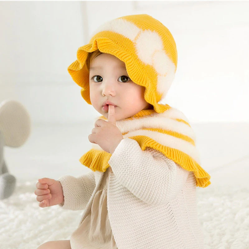 

Fashion Baby Winter Warmer Shawl Bowknot Design Hat Infant Cotton Collar Scarves Neckerchiefs Headwear Set