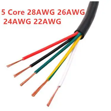 5 Core 98meter 24 AWG 0.2MM2 RVV 2/3/4/5 цветов Медный провод электрический кабель RVV черный мягкий изолированный провод - Цвет: 5 Core 98meter