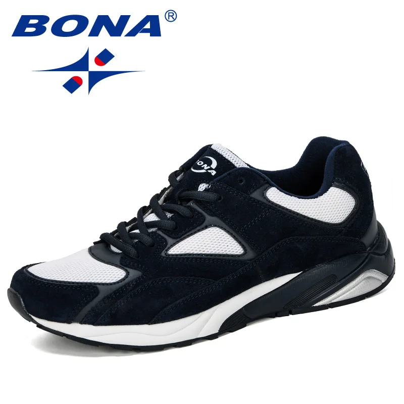 White deep blue BONA новые дизайнерские мужские дышащие кроссовки мужские супер легкие повседневные туфли мужские Tenis Masculino обувь для отдыха - Цвет: White deep blue