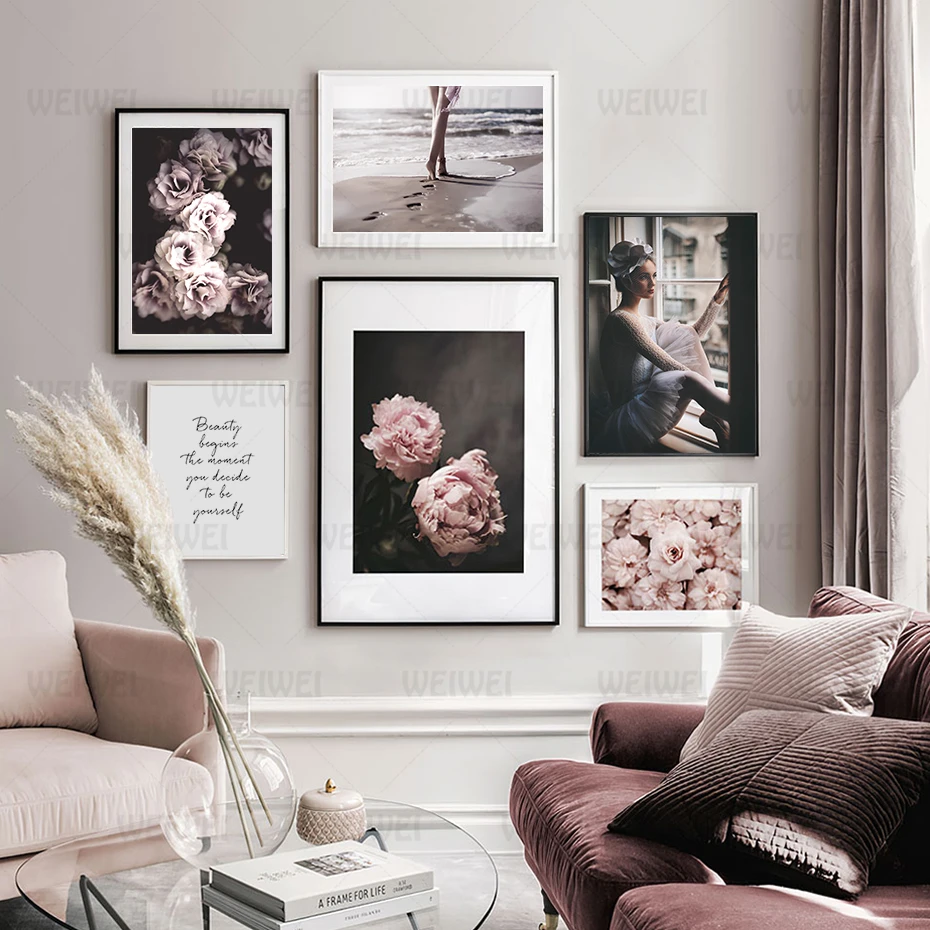 Современная Картина на холсте с розовыми пионами и цветочным принтом девушки