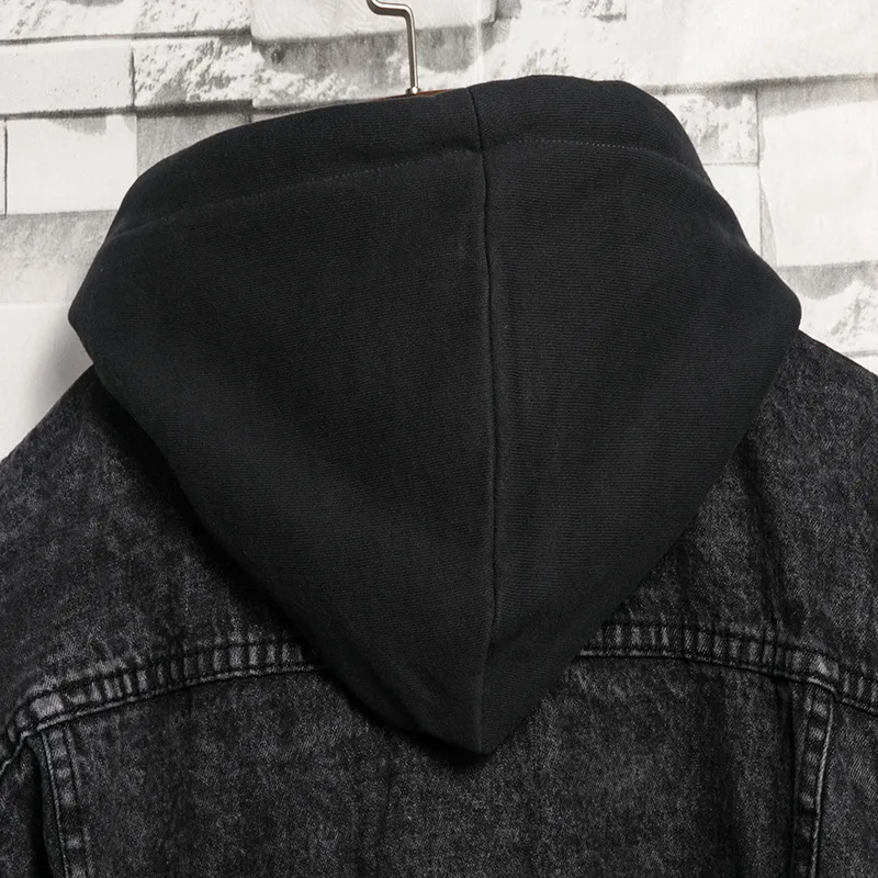 Мужская джинсовая куртка с капюшоном черная Повседневная потертостями