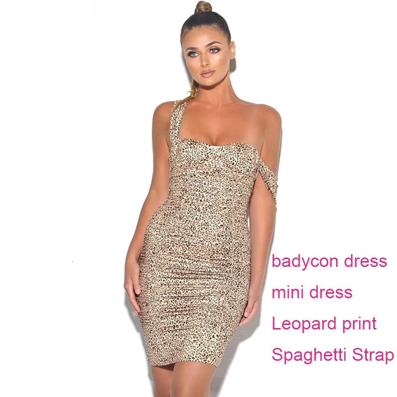 Dressmecb autumn slash neck spaghetti strap mini dress women strapless sleeveless leopard sexy night club party 2019 | Женская одежда